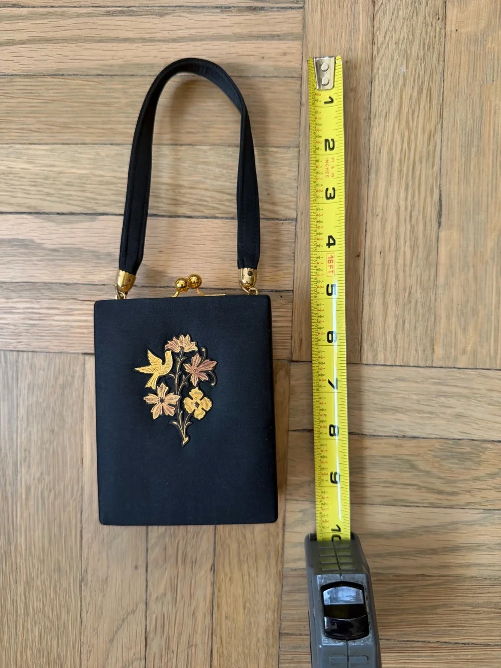 Vintage Silk Black Floral Handbag with Gold Appliqué, Mirror and Lipstick placer